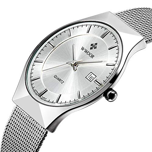 YGBメンズ腕時計ステンレススチールメッシュベルトカジュアル高級クォーツ時計メンズ超薄型シンプル防水ファッションウォッチ, White